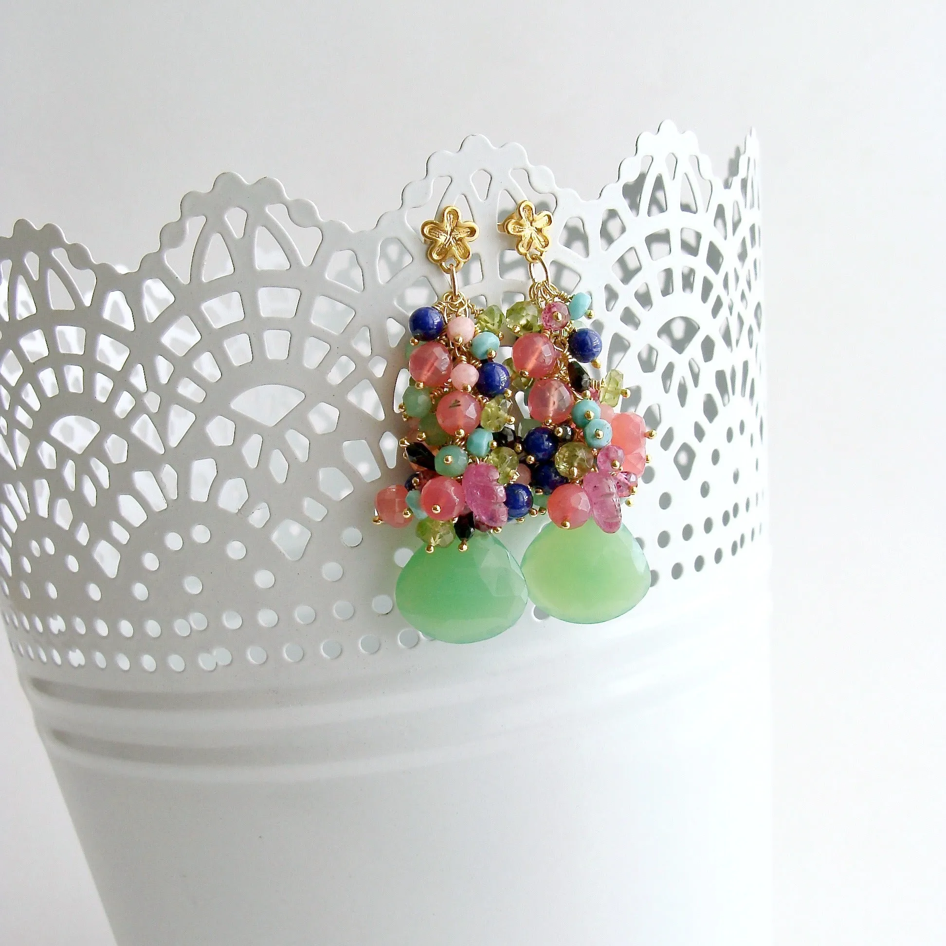 Chrysoprase Turquoise Peridot Lapis Spinel Pink Sapphire Leaves Cluster Earrings - Fleur VIII Earrings