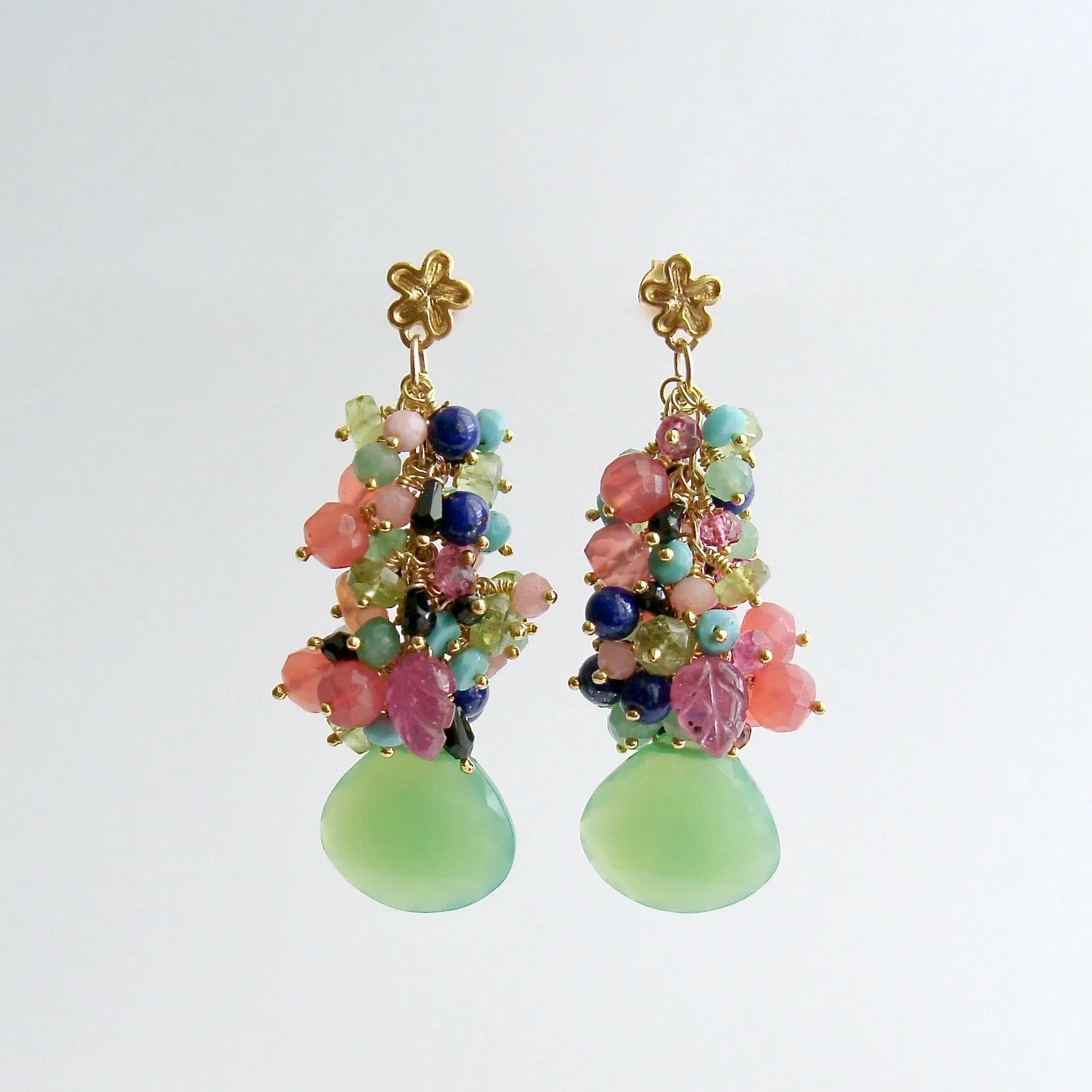 Chrysoprase Turquoise Peridot Lapis Spinel Pink Sapphire Leaves Cluster Earrings - Fleur VIII Earrings