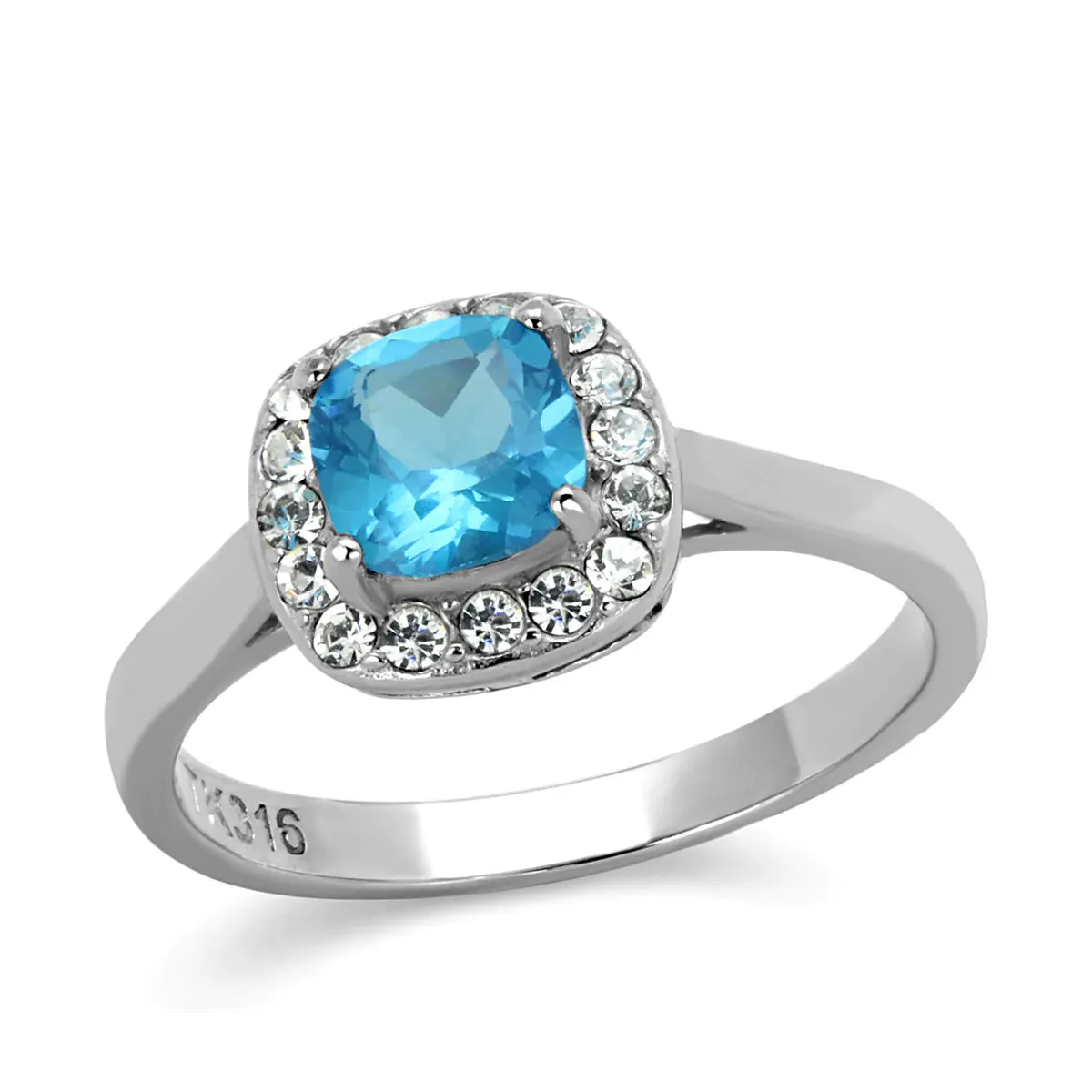 CJE2181 Light Aqua Cushion Cut Stainless Steel Ring