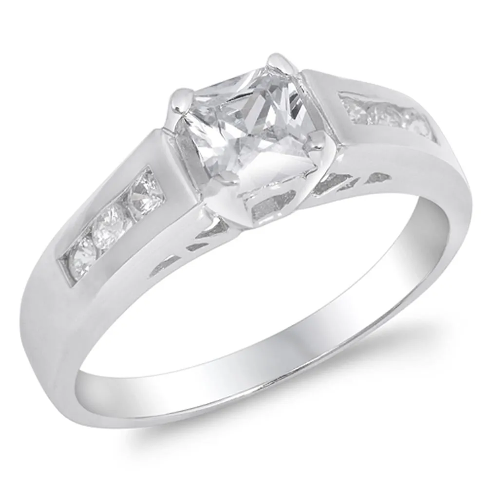 Clear CZ Small Square Solitaire Raised Ring .925 Sterling Silver Band Sizes 5-9