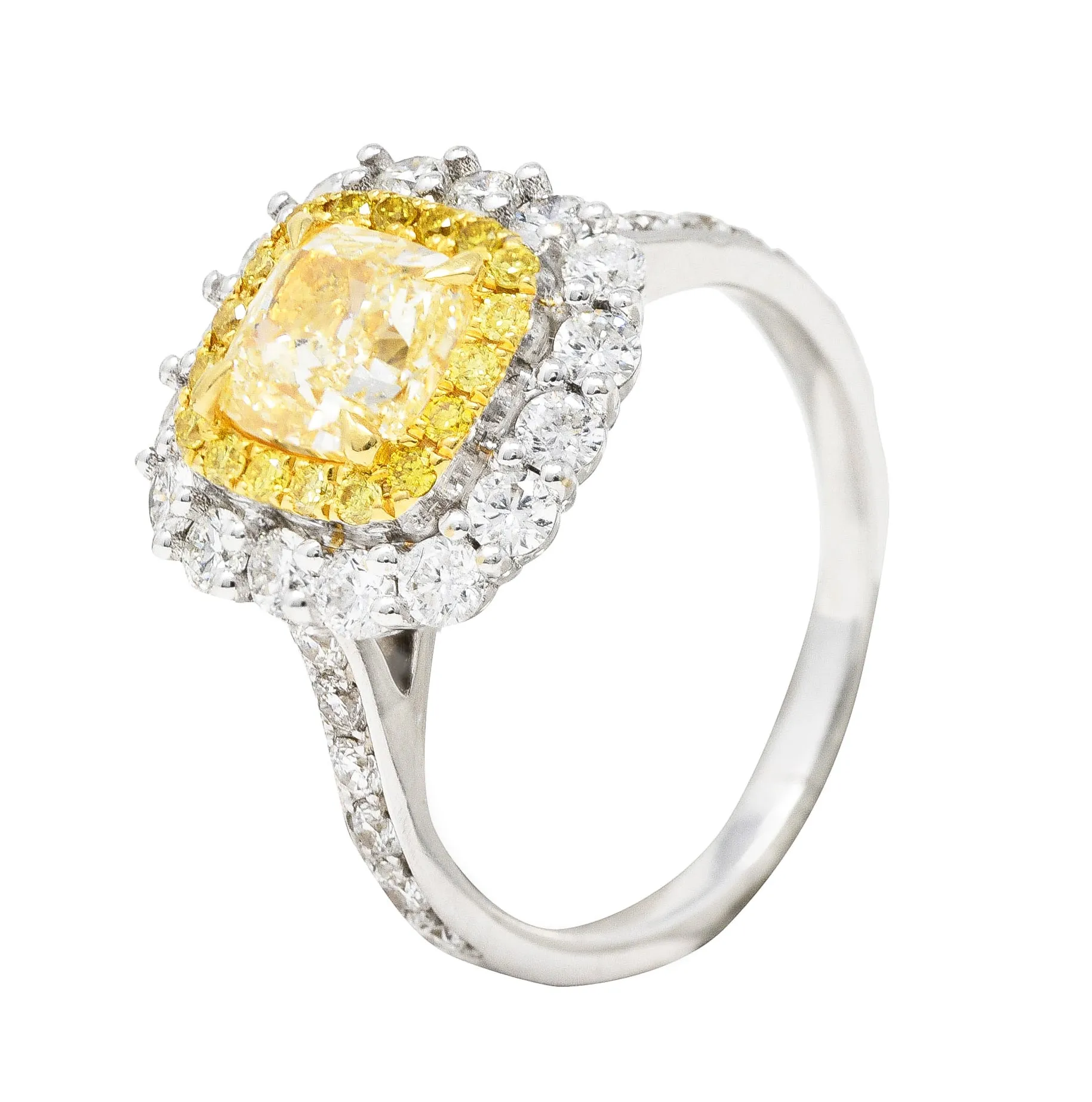 Contemporary 2.16 CTW Cushion Cut Fancy Yellow Diamond Two-Tone 18 Karat Gold Double Halo Gemstone Ring