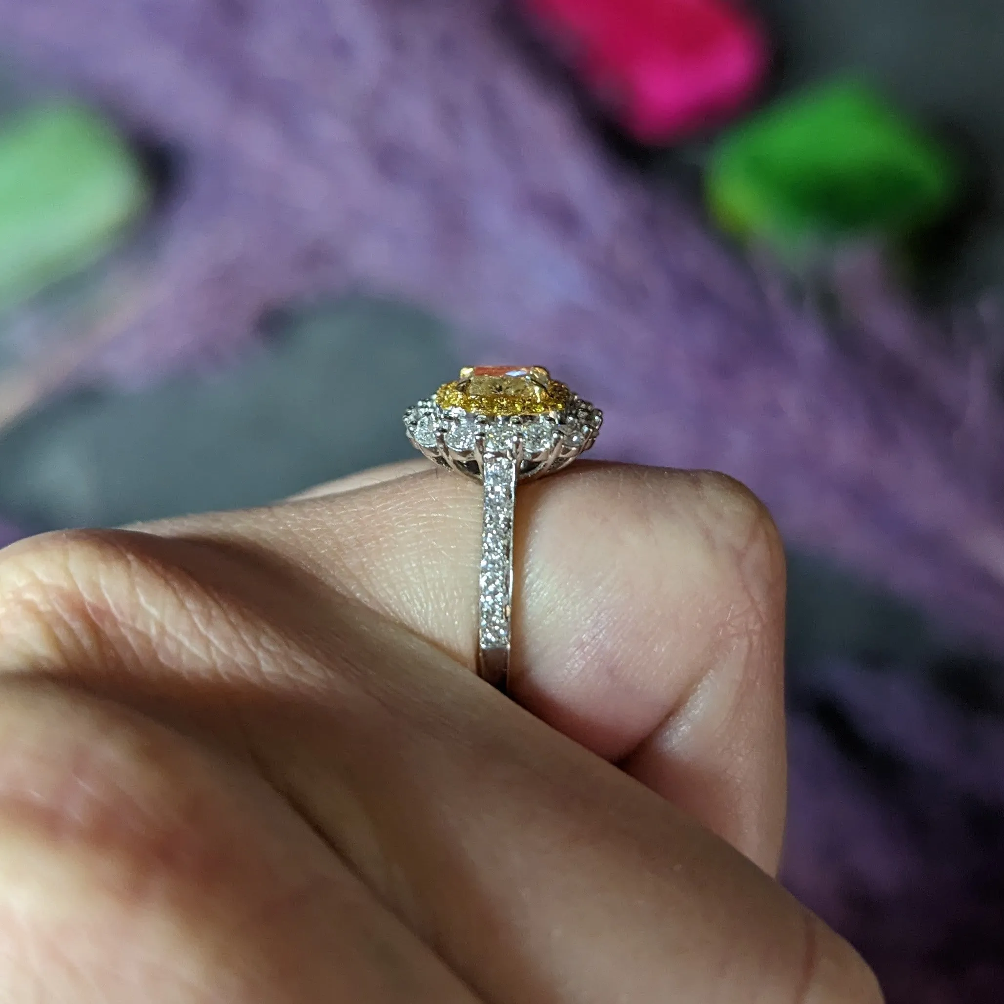 Contemporary 2.16 CTW Cushion Cut Fancy Yellow Diamond Two-Tone 18 Karat Gold Double Halo Gemstone Ring