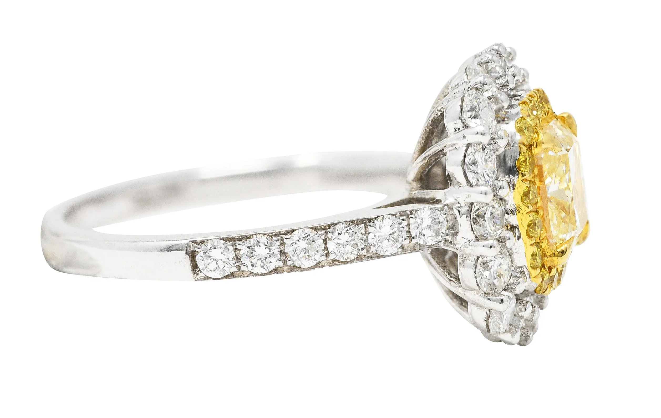 Contemporary 2.16 CTW Cushion Cut Fancy Yellow Diamond Two-Tone 18 Karat Gold Double Halo Gemstone Ring