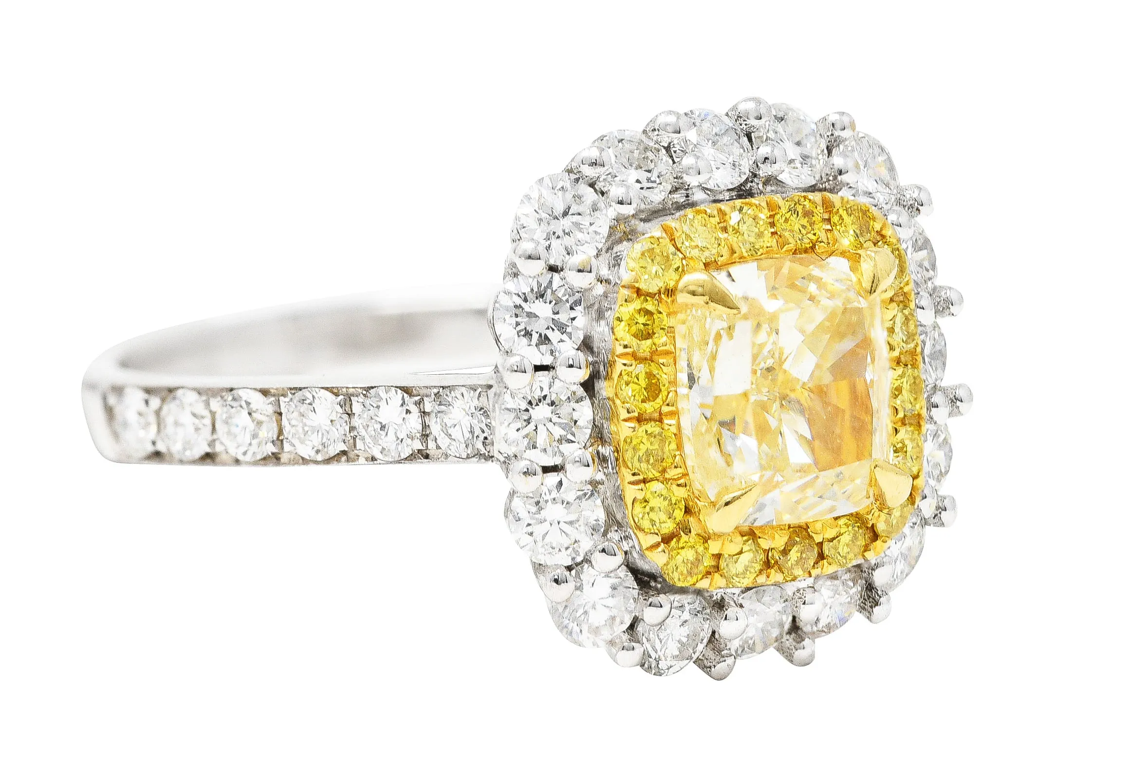 Contemporary 2.16 CTW Cushion Cut Fancy Yellow Diamond Two-Tone 18 Karat Gold Double Halo Gemstone Ring