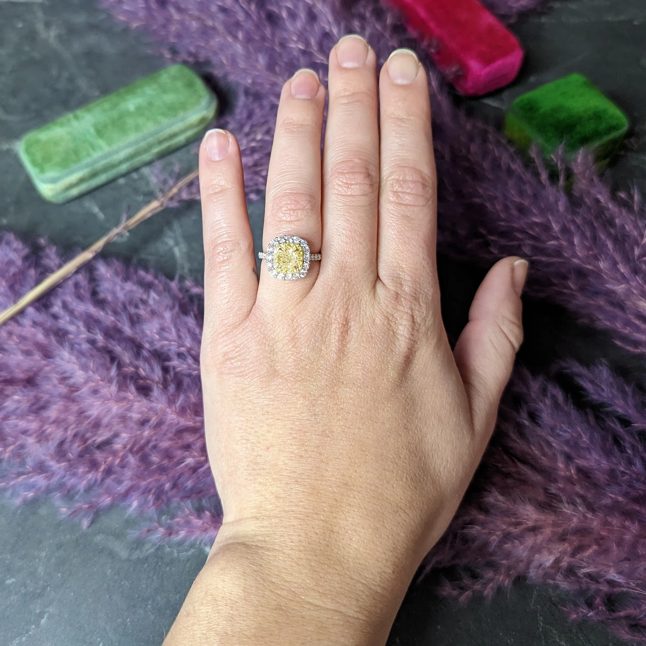 Contemporary 2.16 CTW Cushion Cut Fancy Yellow Diamond Two-Tone 18 Karat Gold Double Halo Gemstone Ring