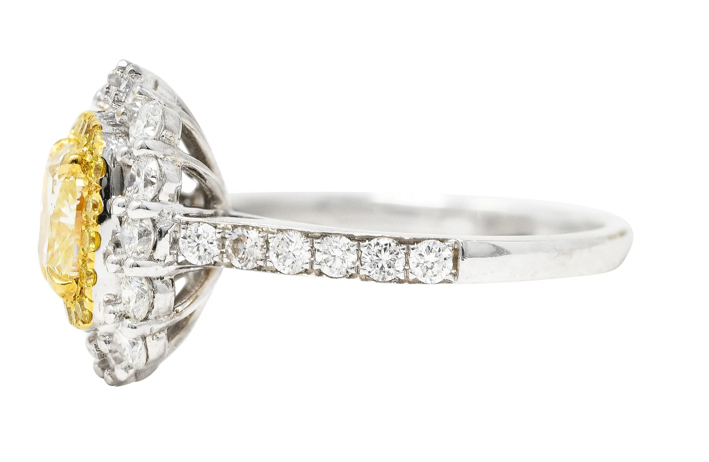 Contemporary 2.16 CTW Cushion Cut Fancy Yellow Diamond Two-Tone 18 Karat Gold Double Halo Gemstone Ring