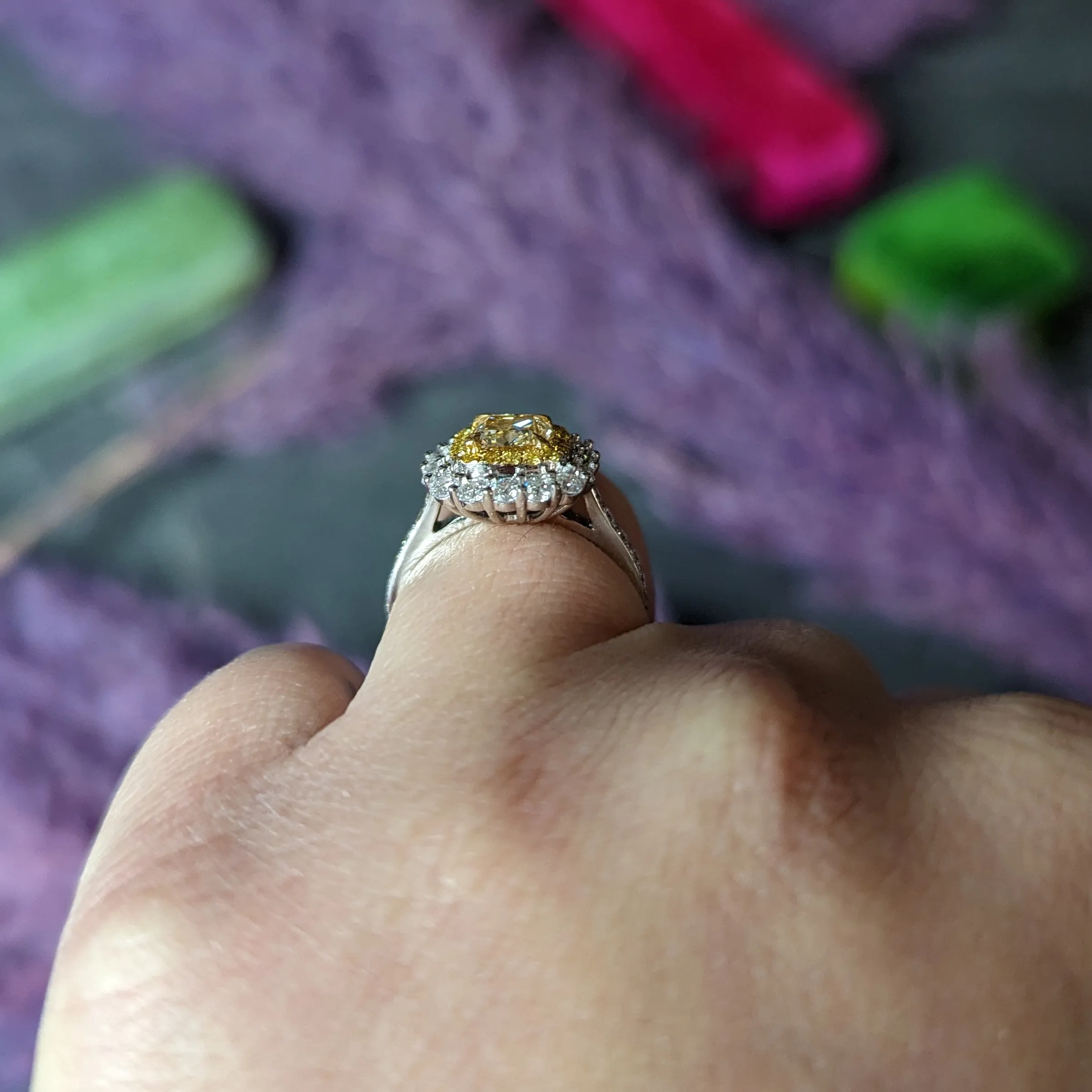 Contemporary 2.16 CTW Cushion Cut Fancy Yellow Diamond Two-Tone 18 Karat Gold Double Halo Gemstone Ring