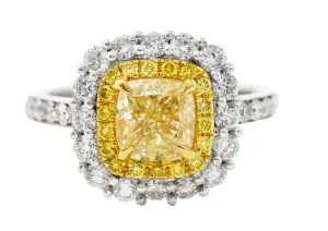 Contemporary 2.16 CTW Cushion Cut Fancy Yellow Diamond Two-Tone 18 Karat Gold Double Halo Gemstone Ring