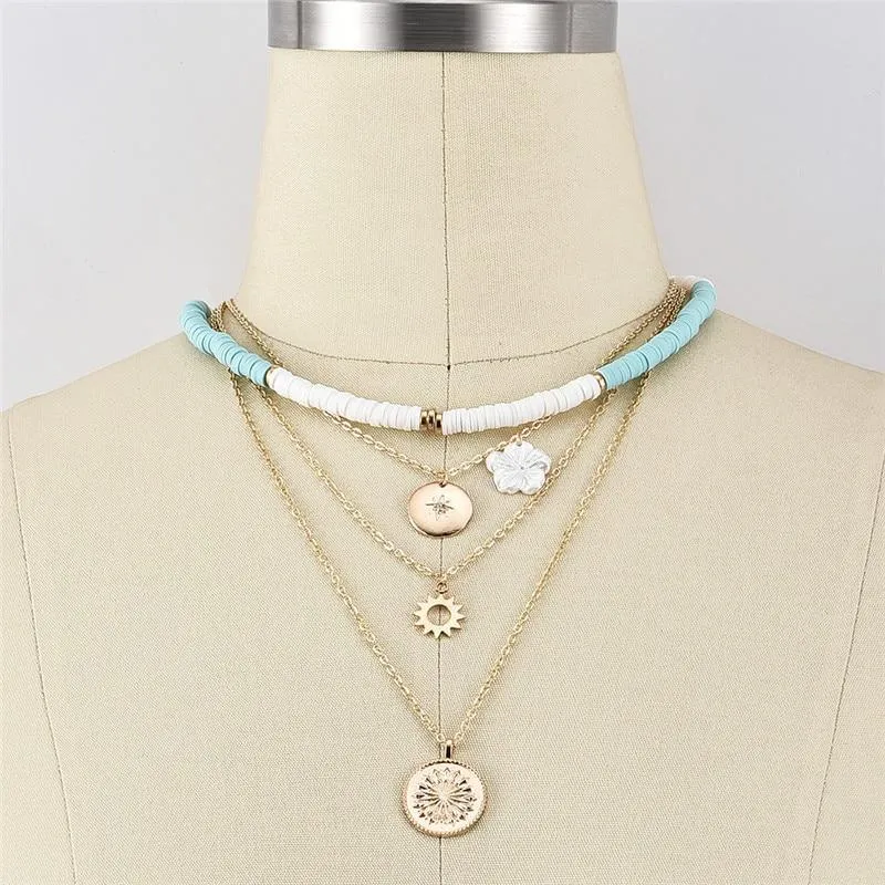 Cool Bohemian Polymer Clay Elegant Choker Gold Color Luxury Sun Flower Pendant Layered Necklace For Modern Women Collier Jewelry