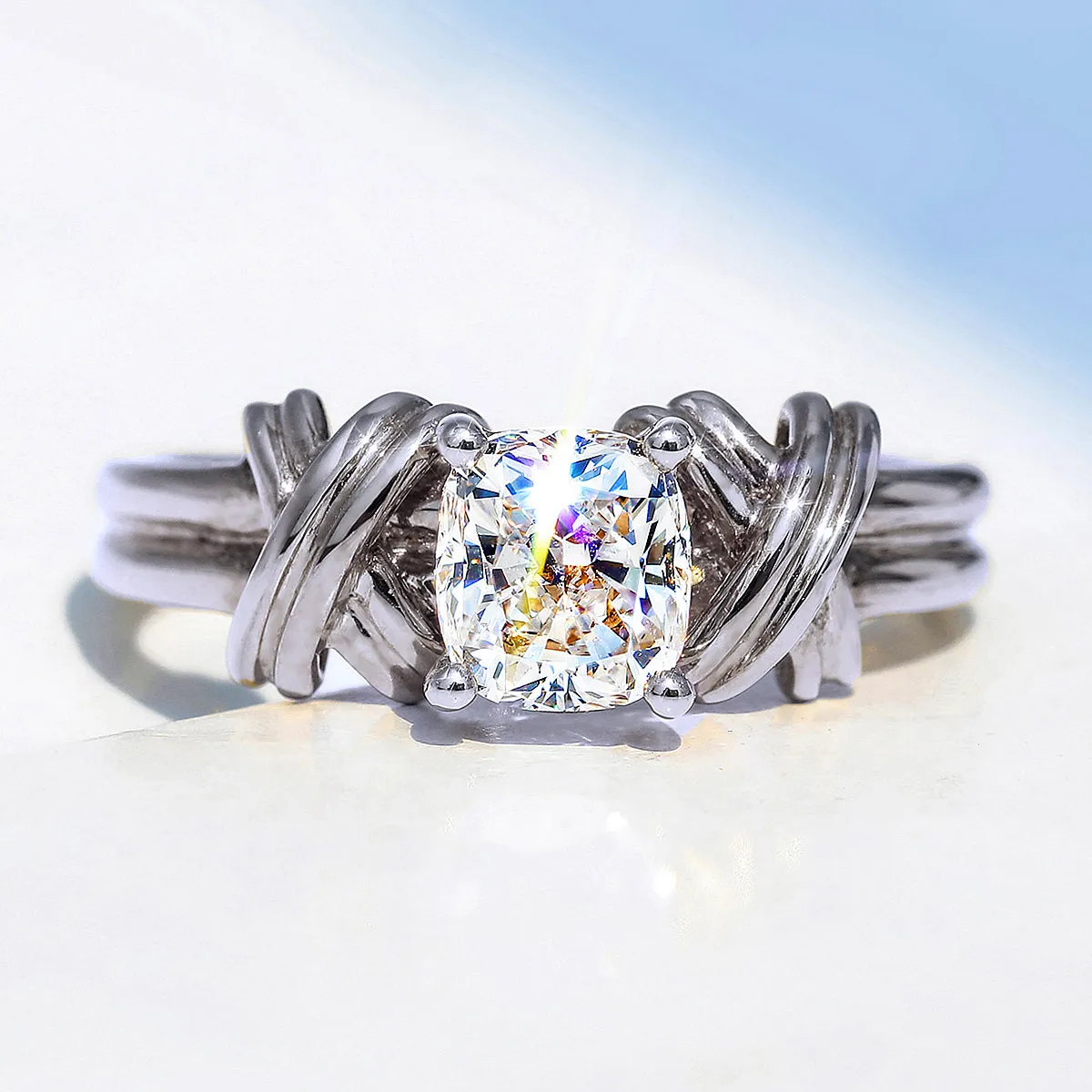 Cross Band Cushion Cut Lab-Grown Diamond Engagement Ring