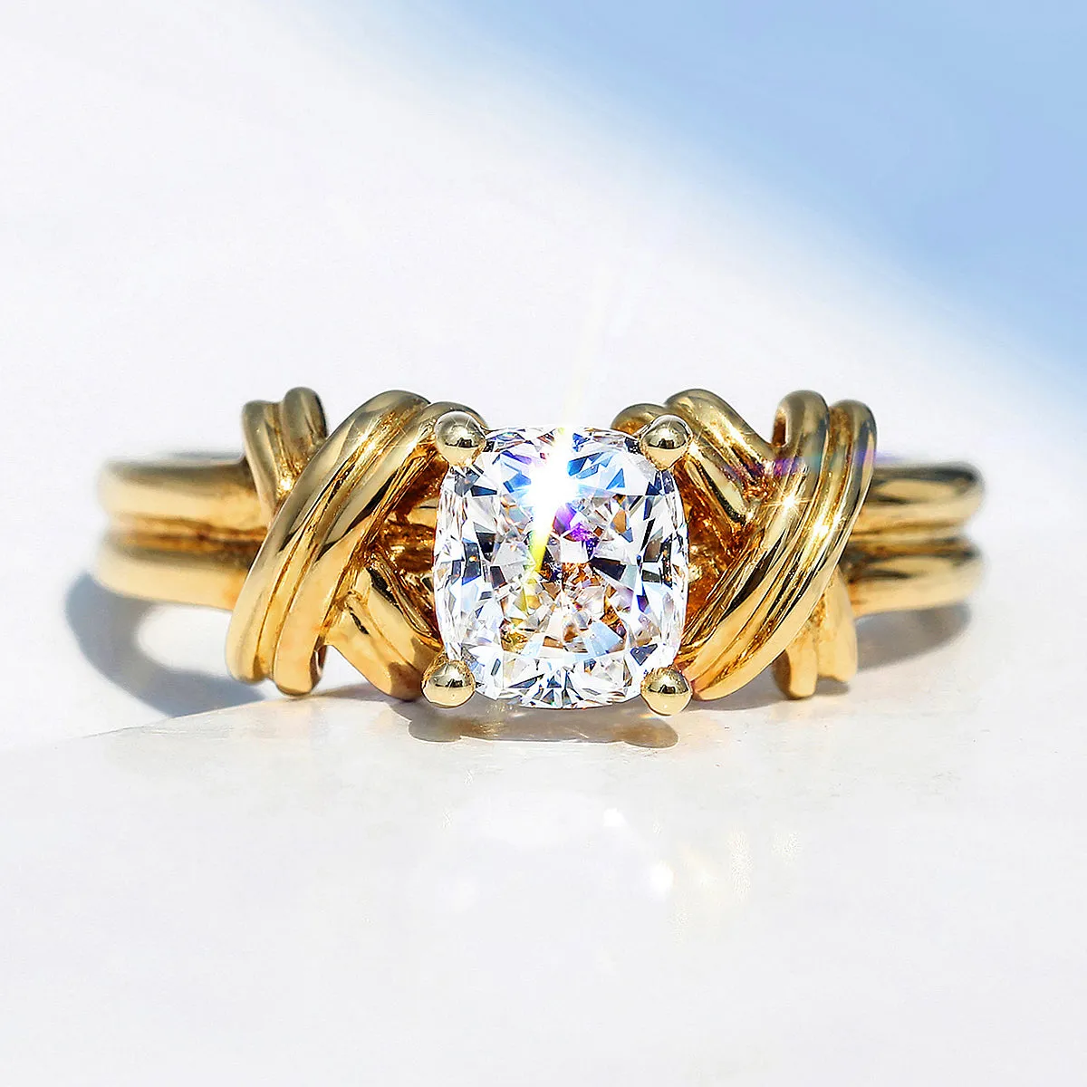 Cross Band Cushion Cut Lab-Grown Diamond Engagement Ring