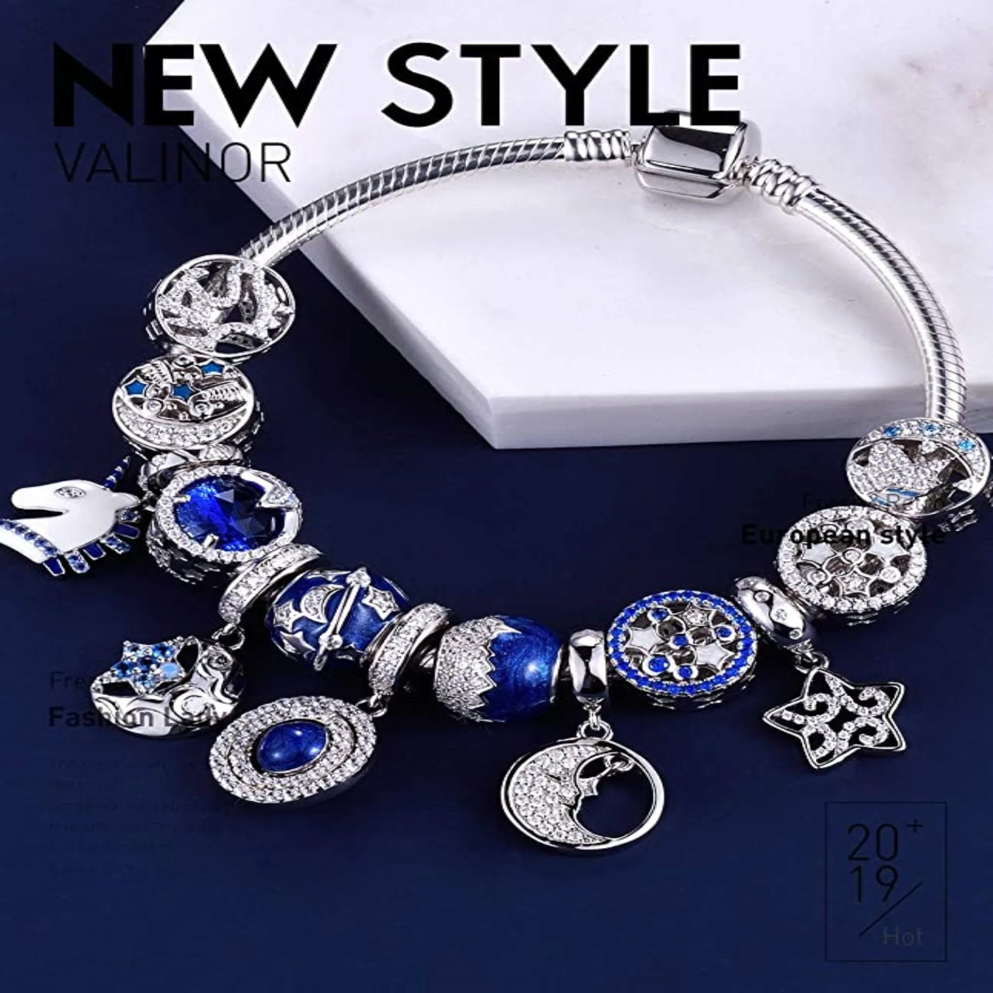 Crystallized Blue Mountain Peak and Night Sky Silver Bead Charm