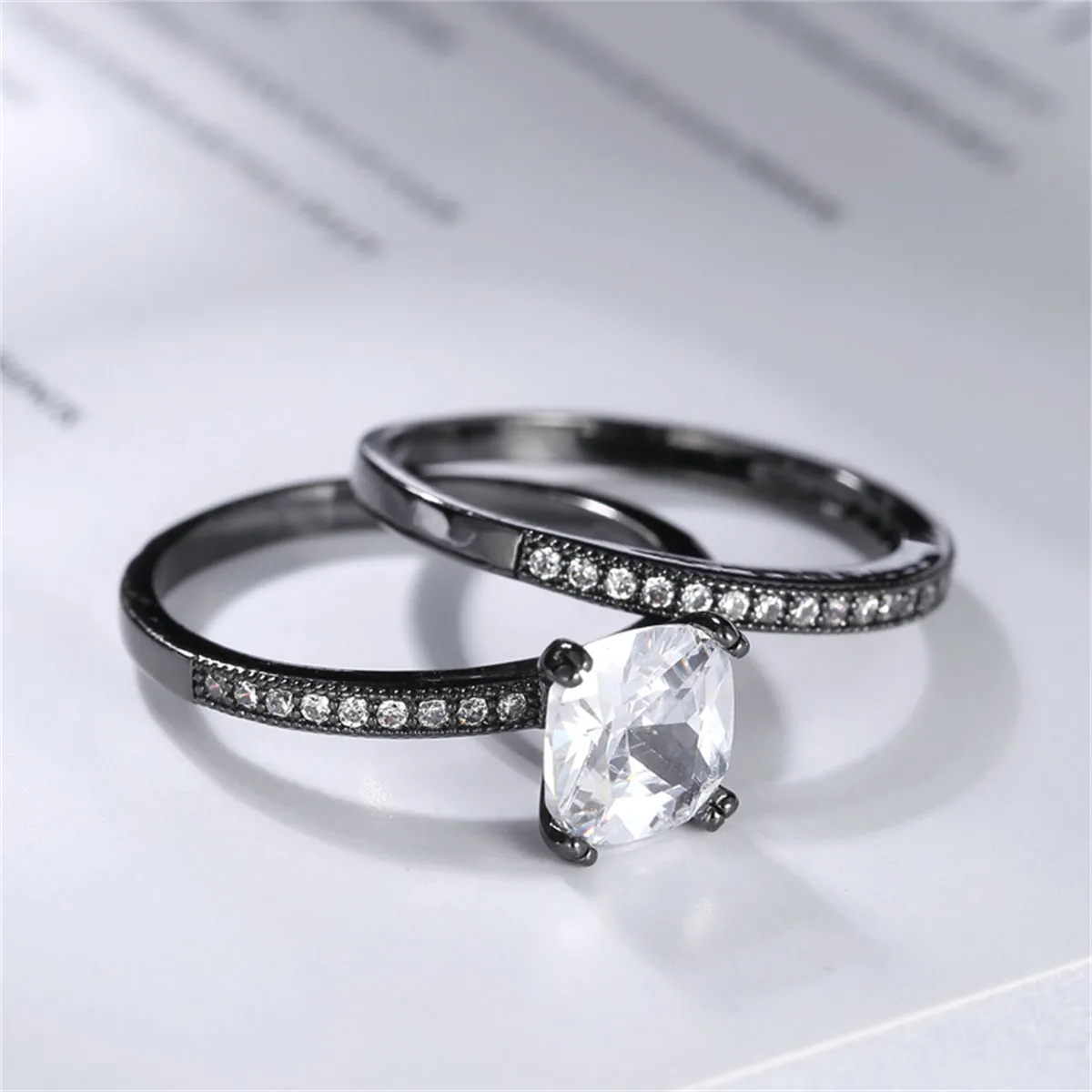 Cubic Zirconia & Black-Plated Cushion-Cut Ring Set