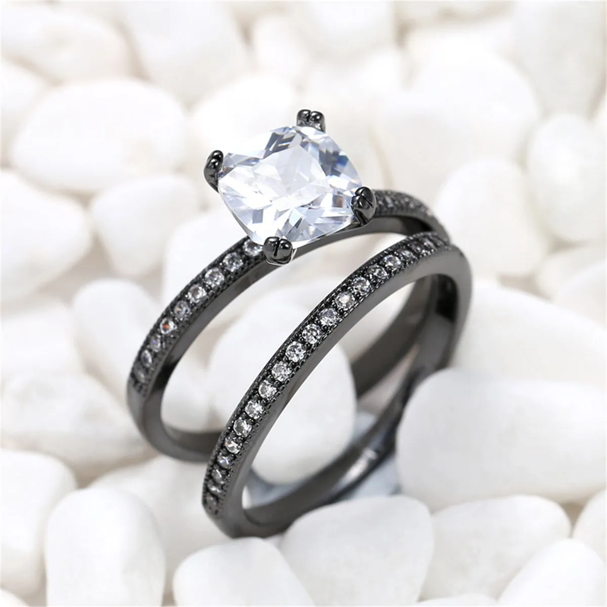 Cubic Zirconia & Black-Plated Cushion-Cut Ring Set