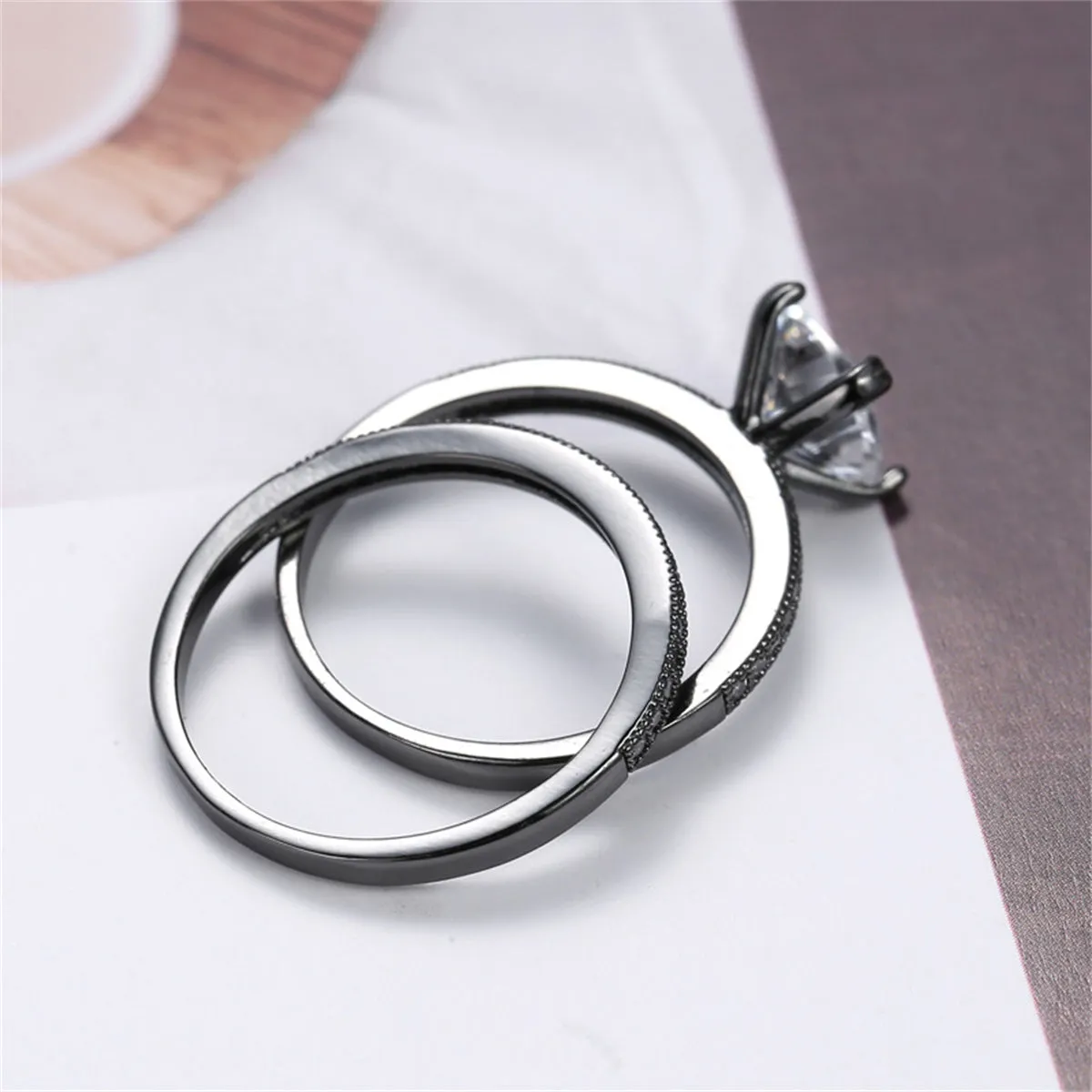 Cubic Zirconia & Black-Plated Cushion-Cut Ring Set