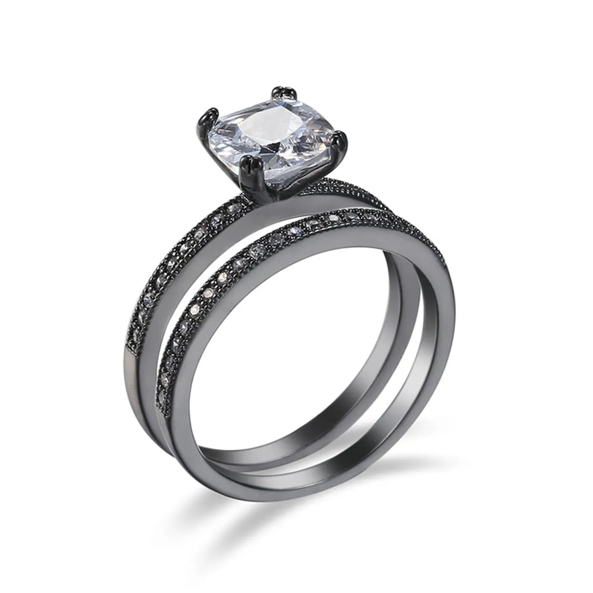 Cubic Zirconia & Black-Plated Cushion-Cut Ring Set