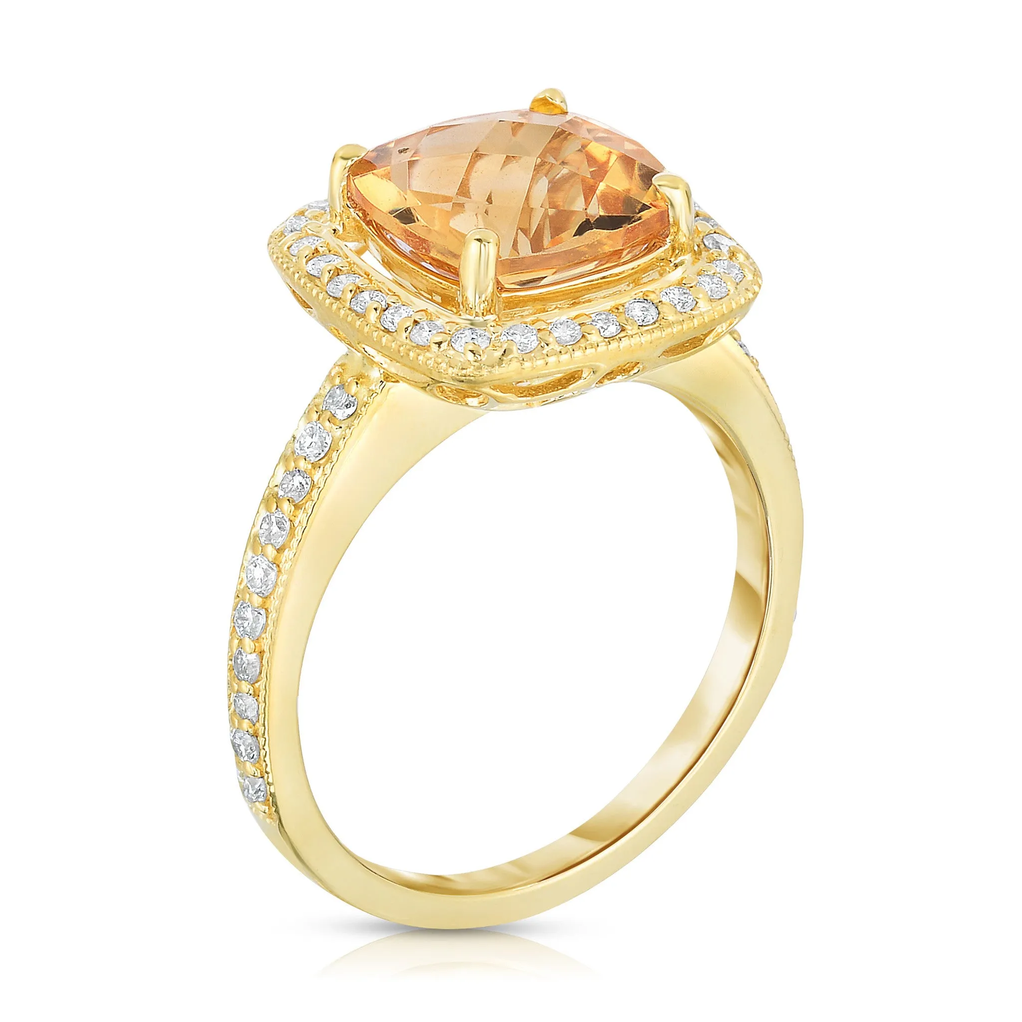 Cushion Citrine & 0.40Ct Diamond Milligrain Ring in 14K Yellow Gold