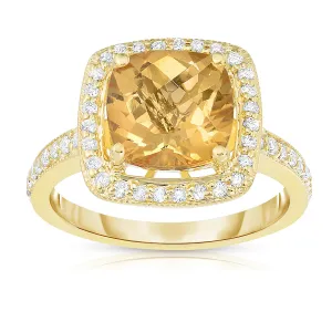 Cushion Citrine & 0.40Ct Diamond Milligrain Ring in 14K Yellow Gold