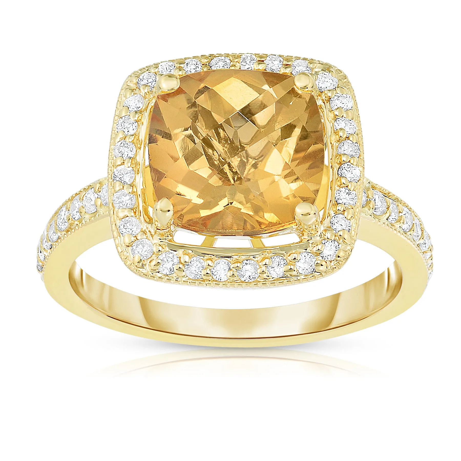 Cushion Citrine & 0.40Ct Diamond Milligrain Ring in 14K Yellow Gold