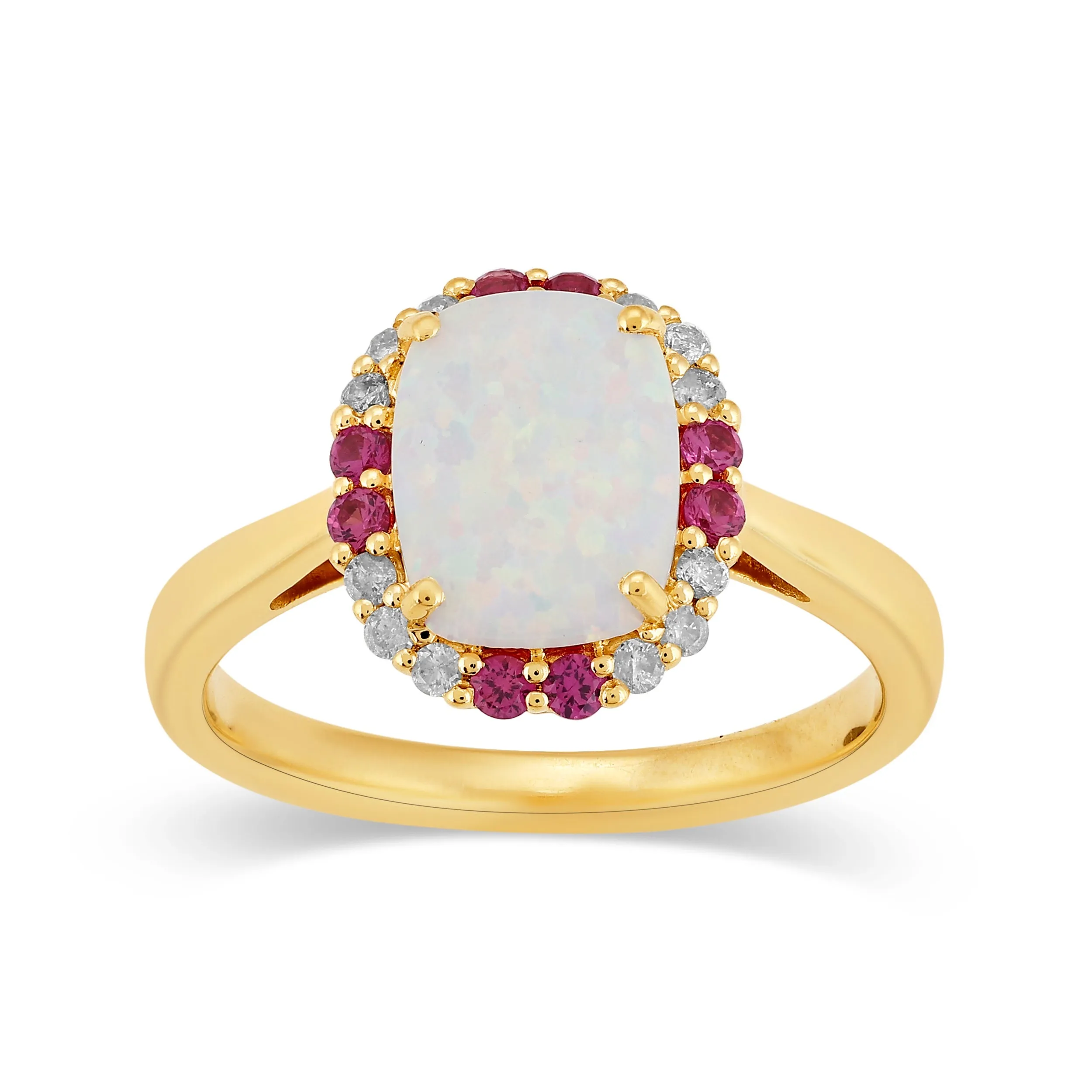 Cushion Created Opal Ring with 0.10ct of Diamonds in 9ct Yellow Gold