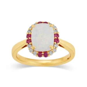 Cushion Created Opal Ring with 0.10ct of Diamonds in 9ct Yellow Gold
