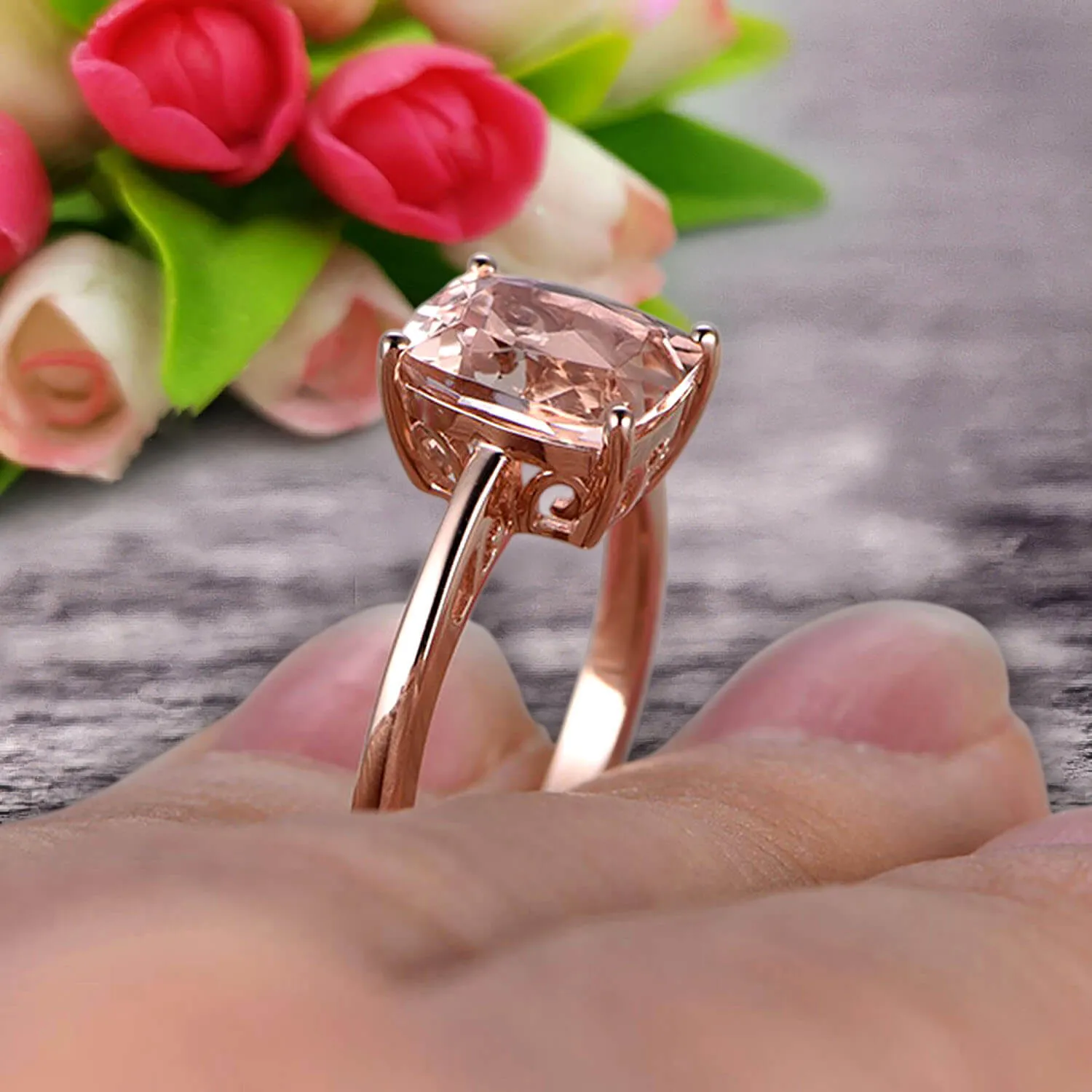 Cushion Cut 1 Carat Morganite Engagement Ring Wedding Ring Promise Ring 10k Rose Gold Solitaire Anniversary Ring