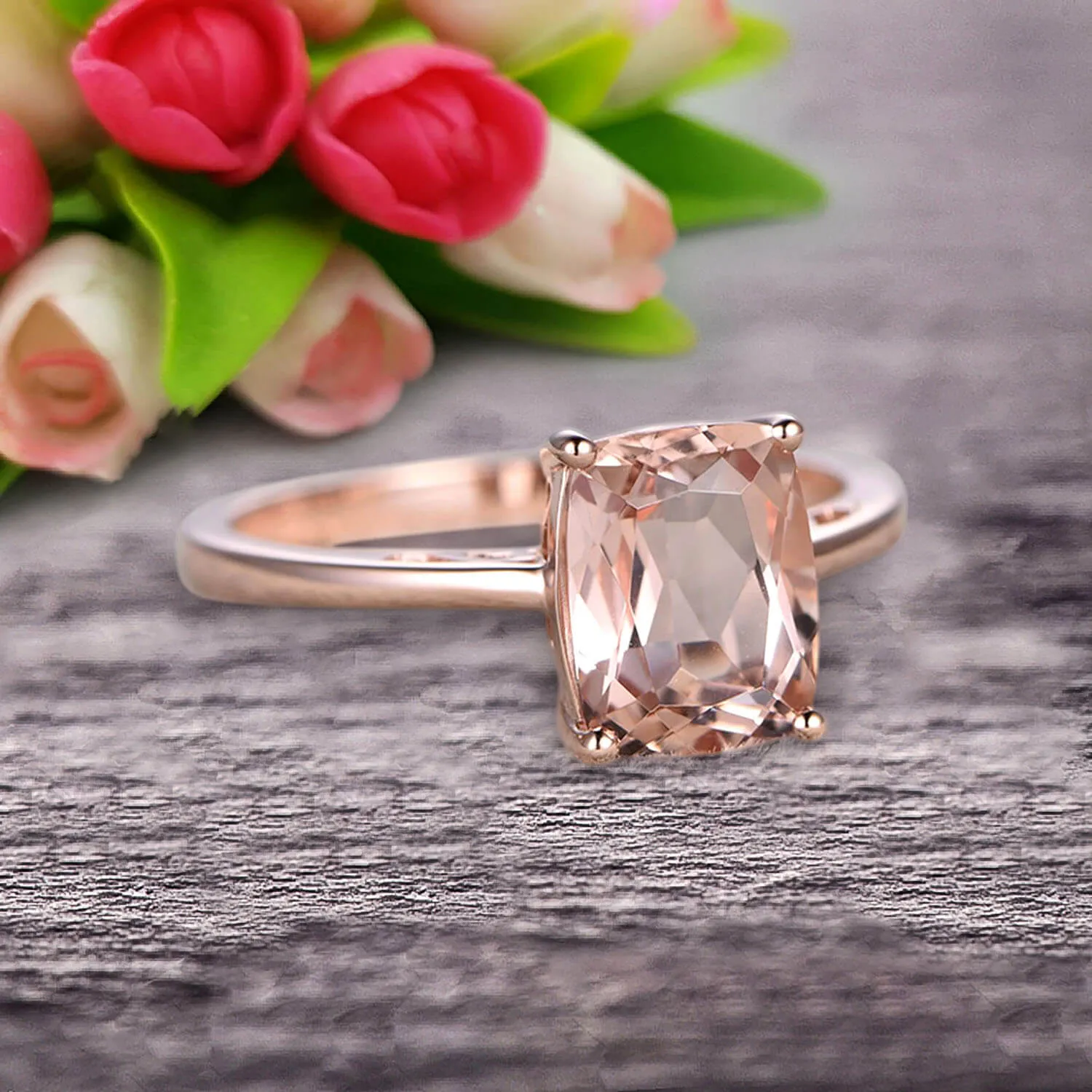 Cushion Cut 1 Carat Morganite Engagement Ring Wedding Ring Promise Ring 10k Rose Gold Solitaire Anniversary Ring