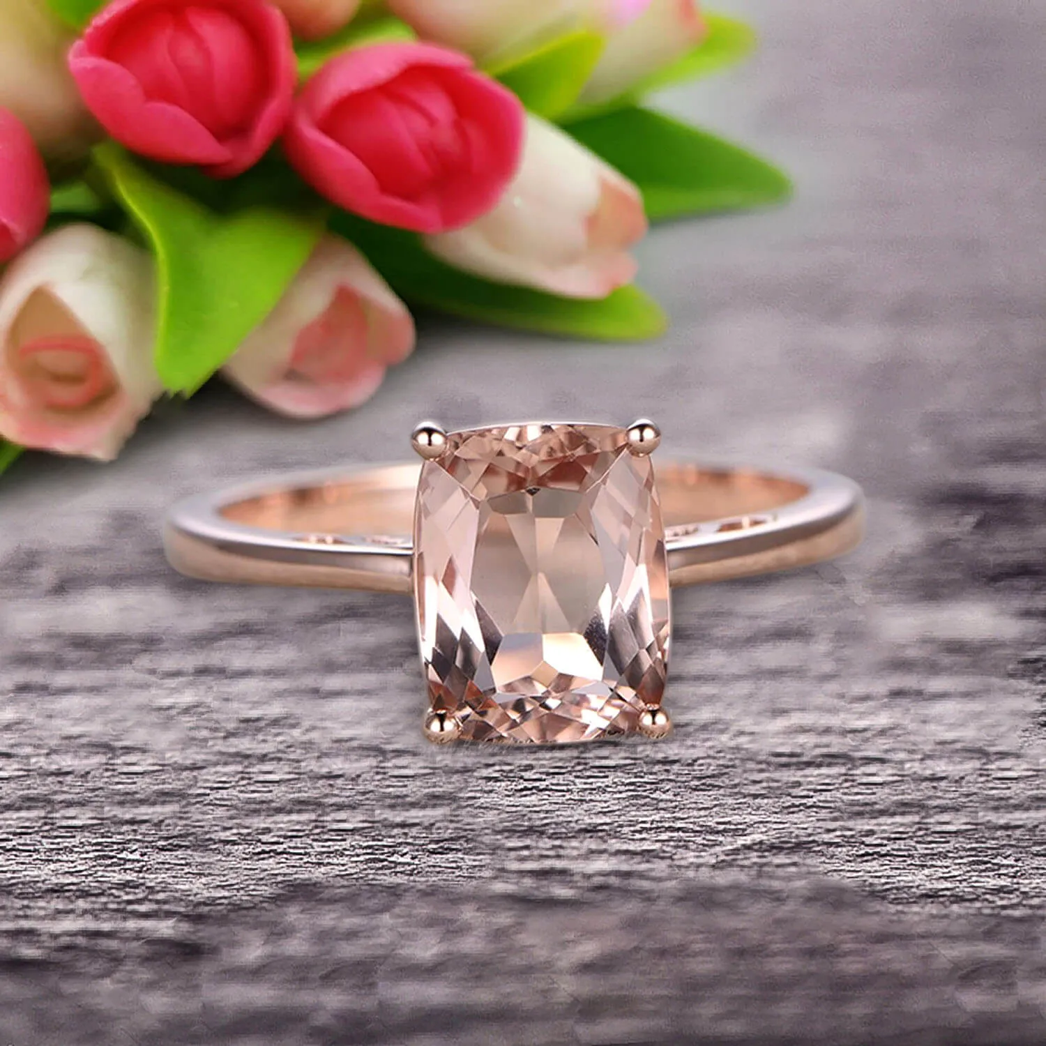 Cushion Cut 1 Carat Morganite Engagement Ring Wedding Ring Promise Ring 10k Rose Gold Solitaire Anniversary Ring