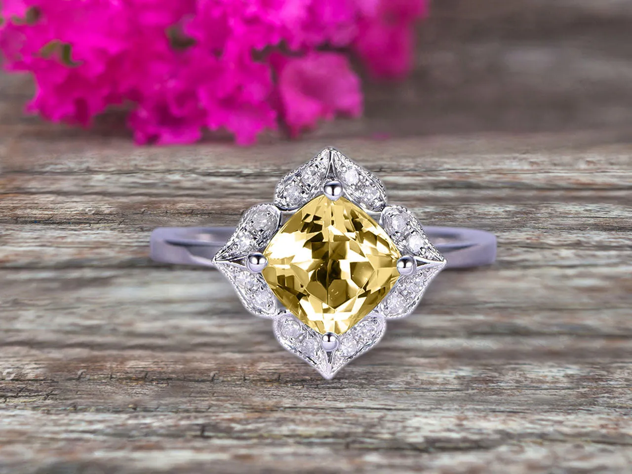 Cushion Cut 1.25 Carat Vintage Floral Champagne Diamond Moissanite Engagement Ring On 10k White Gold Anniversary Gift Personalized for Brides