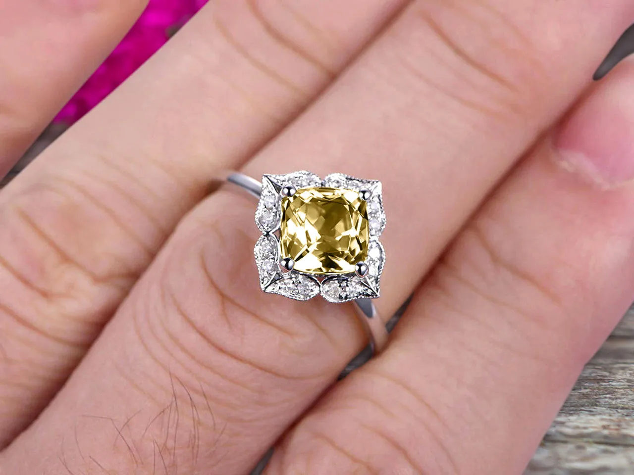 Cushion Cut 1.25 Carat Vintage Floral Champagne Diamond Moissanite Engagement Ring On 10k White Gold Anniversary Gift Personalized for Brides