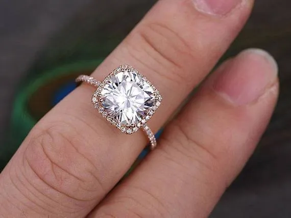 Cushion Cut 1.50 Carat Halo Moissanite Diamond Engagement Wedding Ring in 10k Rose Gold