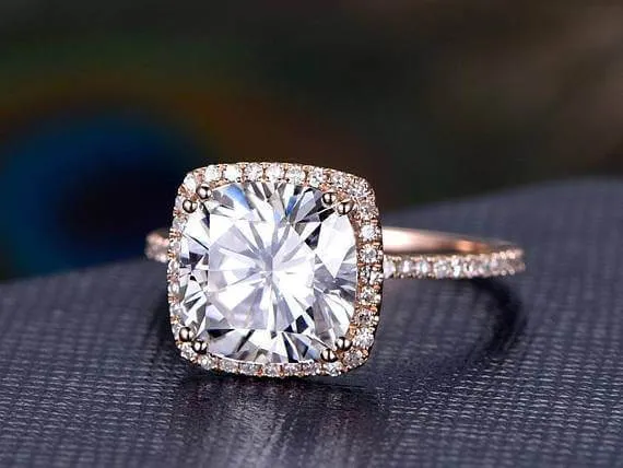 Cushion Cut 1.50 Carat Halo Moissanite Diamond Engagement Wedding Ring in 10k Rose Gold