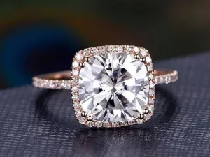 Cushion Cut 1.50 Carat Halo Moissanite Diamond Engagement Wedding Ring in 10k Rose Gold