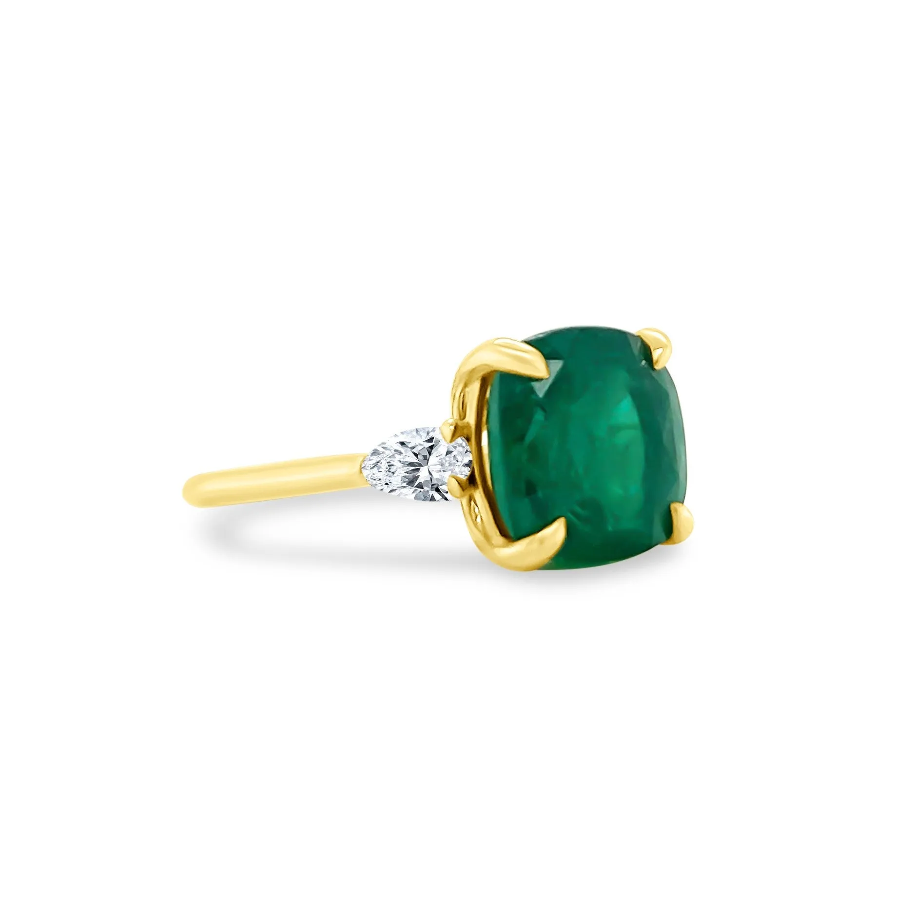 Cushion Cut Emerald with Pear Cut Diamond Side Stones
