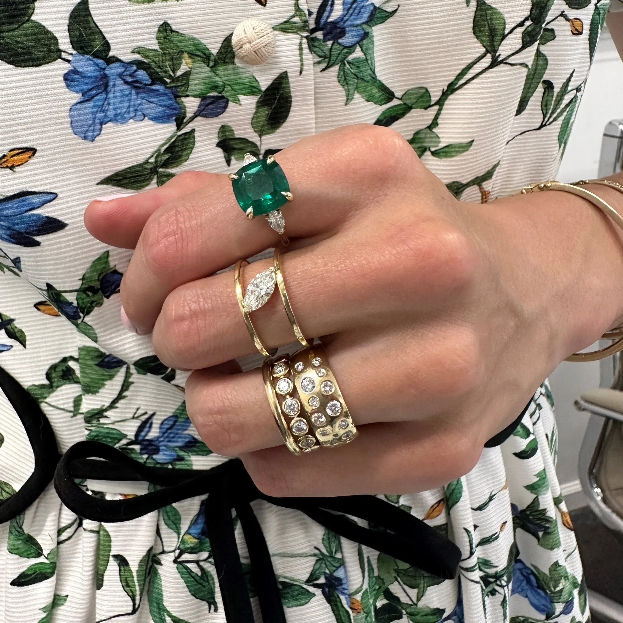 Cushion Cut Emerald with Pear Cut Diamond Side Stones