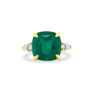 Cushion Cut Emerald with Pear Cut Diamond Side Stones