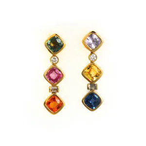 Cushion-Cut Fancy Color Sapphires with Diamond Accent Dangling Earrings 18k Yellow Gold
