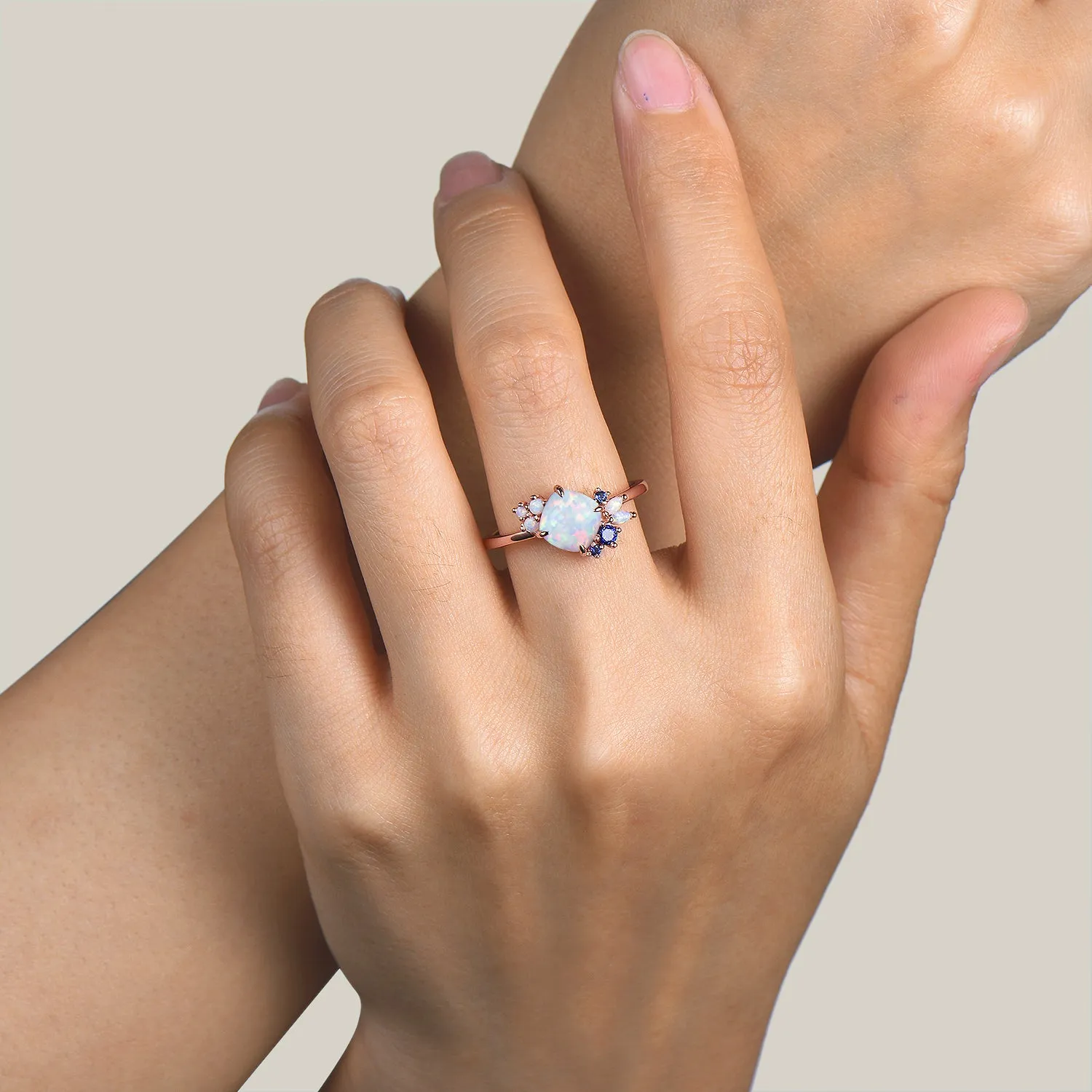 Cushion Cut White Opal Engagement Ring Cluster Blue Sapphire Wedding Ring