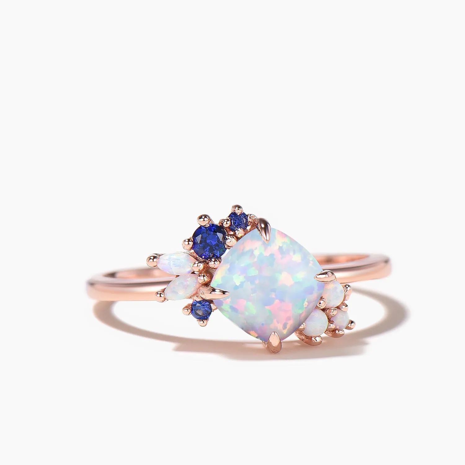Cushion Cut White Opal Engagement Ring Cluster Blue Sapphire Wedding Ring