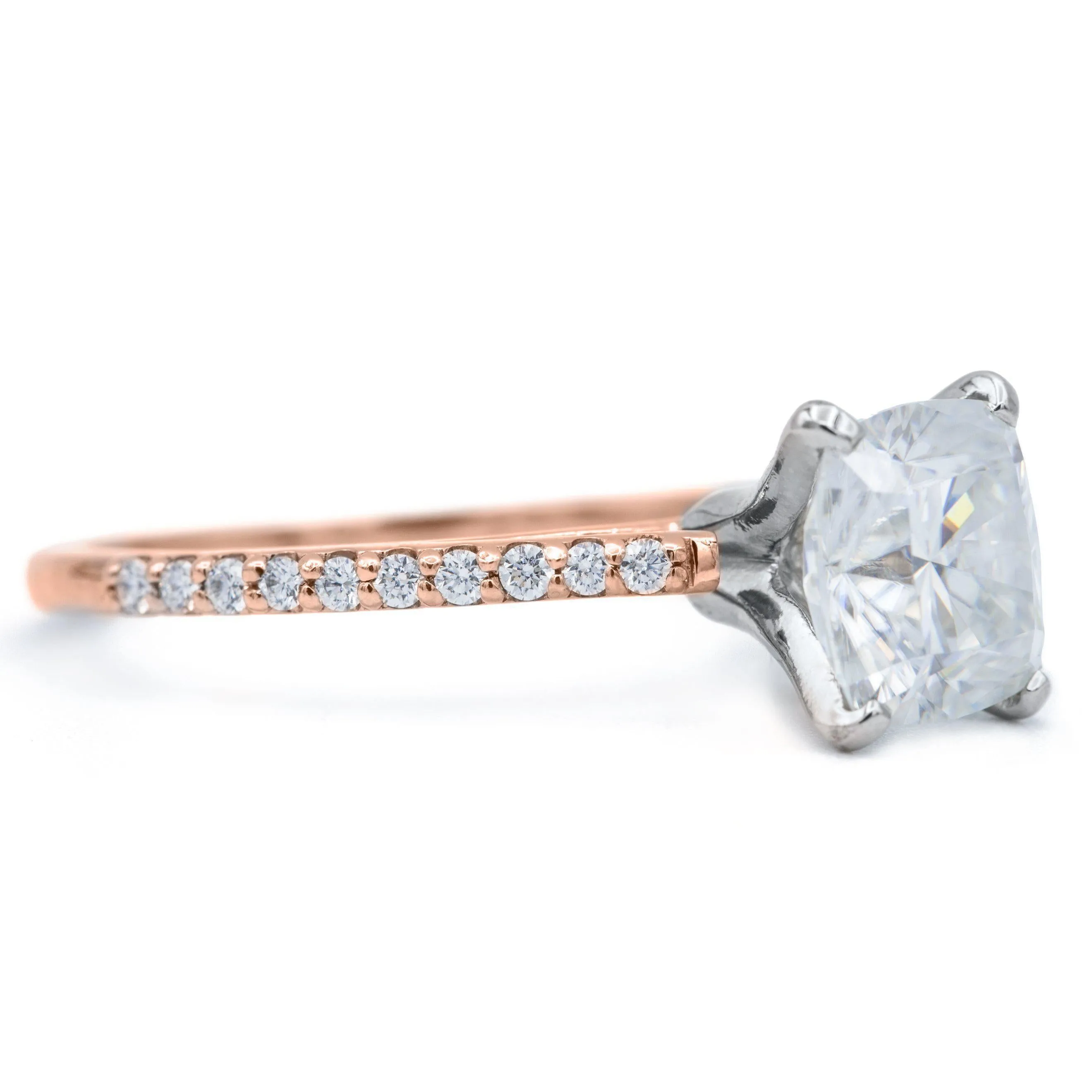 Cushion Hearts & Arrows Moissanite 4 Prongs Diamond Accent Ice Cathedral Solitaire Ring