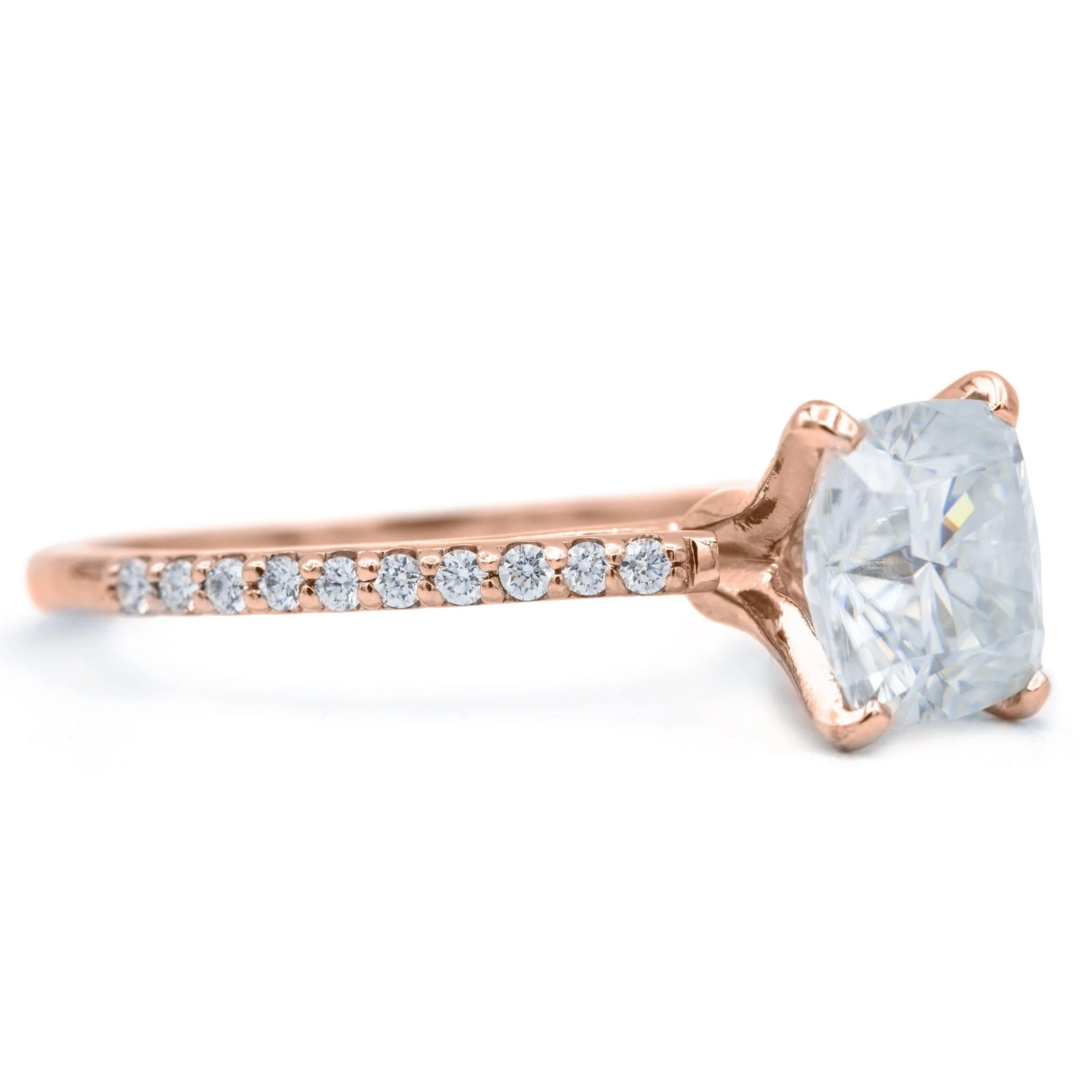 Cushion Hearts & Arrows Moissanite 4 Prongs Diamond Accent Ice Cathedral Solitaire Ring