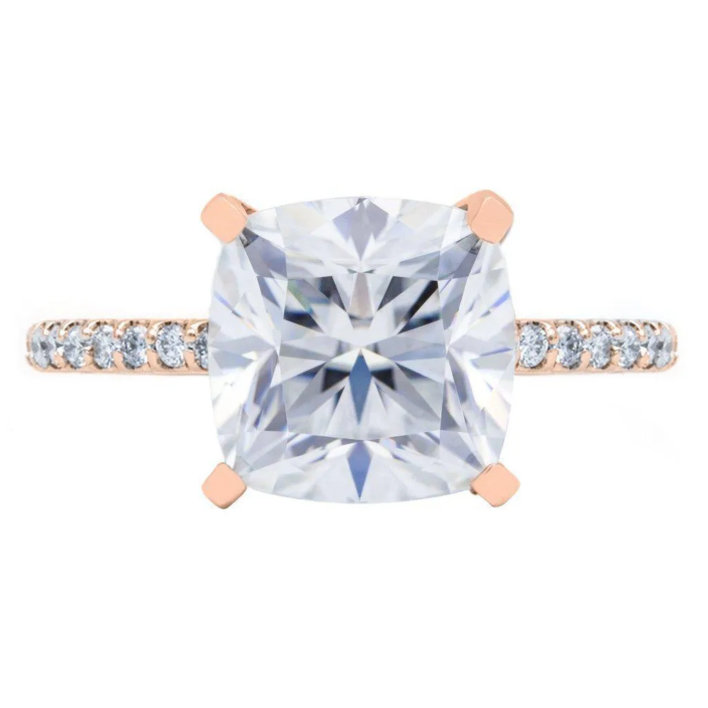 Cushion Hearts & Arrows Moissanite 4 Prongs Diamond Accent Ice Cathedral Solitaire Ring