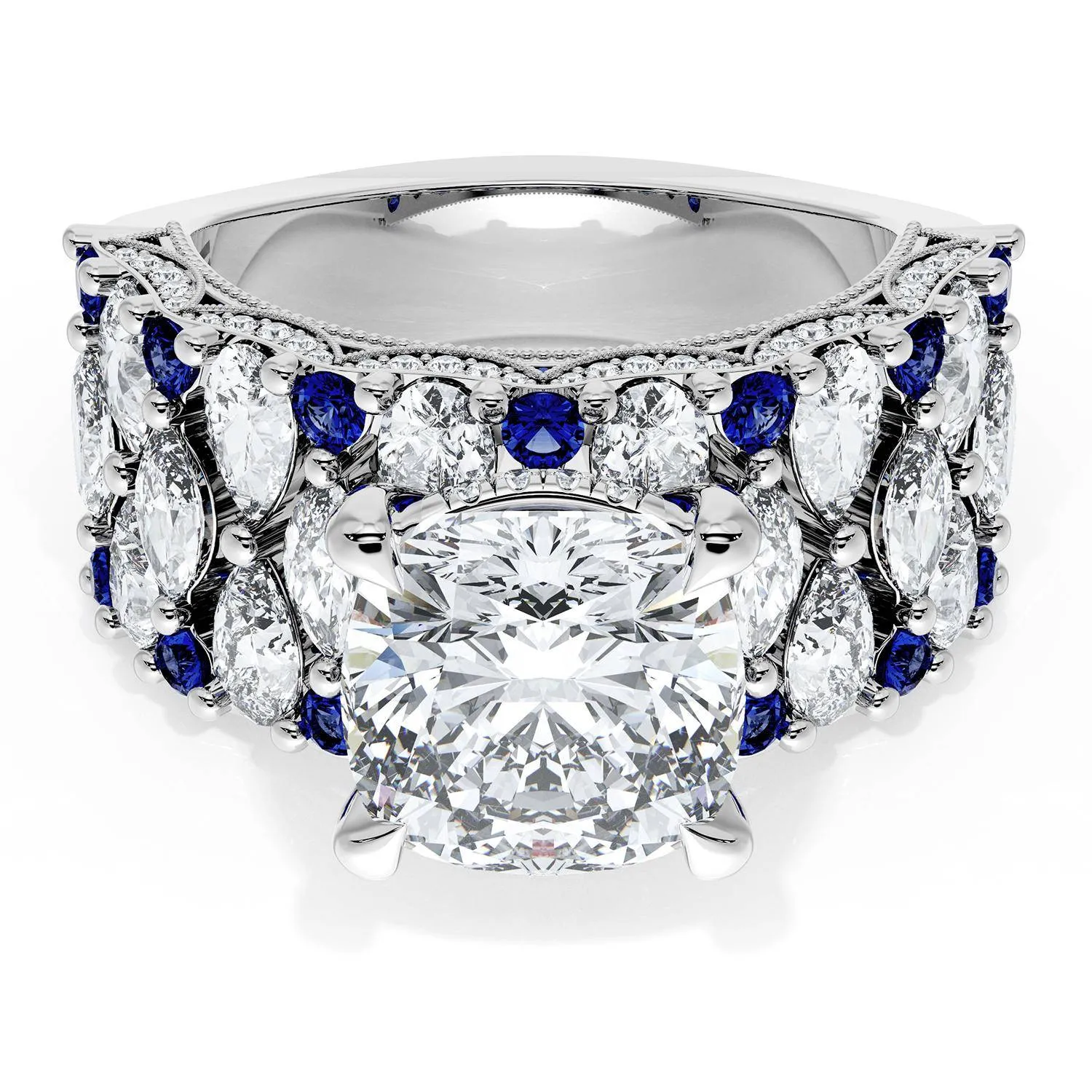 Cushion Solitaire Engagement Ring w/ North South Marquise & Pear Band