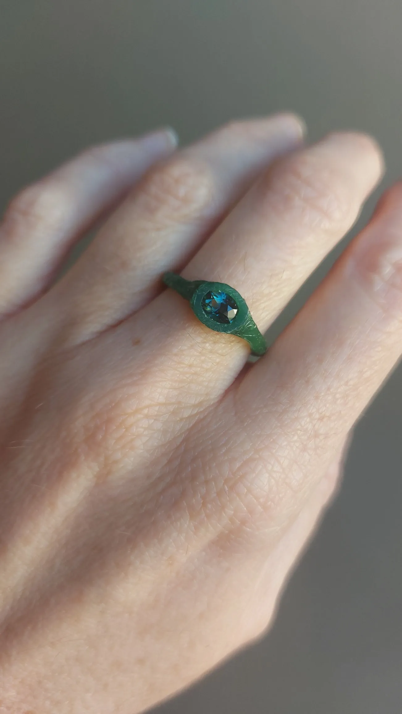 Custom Wax Teal Sapphire Ring