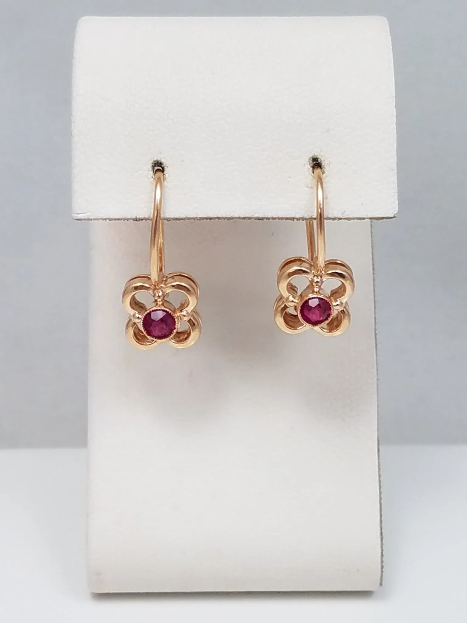 Dainty 14k Rose Gold Vintage Russian Synthetic Ruby Dangle Earrings