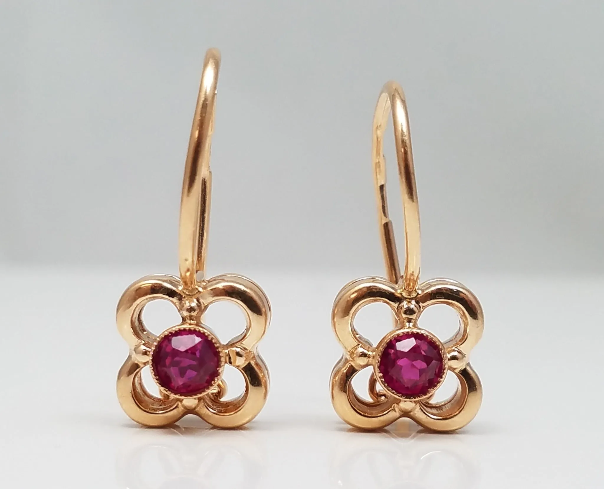 Dainty 14k Rose Gold Vintage Russian Synthetic Ruby Dangle Earrings
