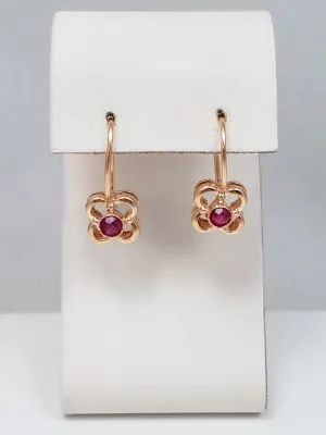 Dainty 14k Rose Gold Vintage Russian Synthetic Ruby Dangle Earrings