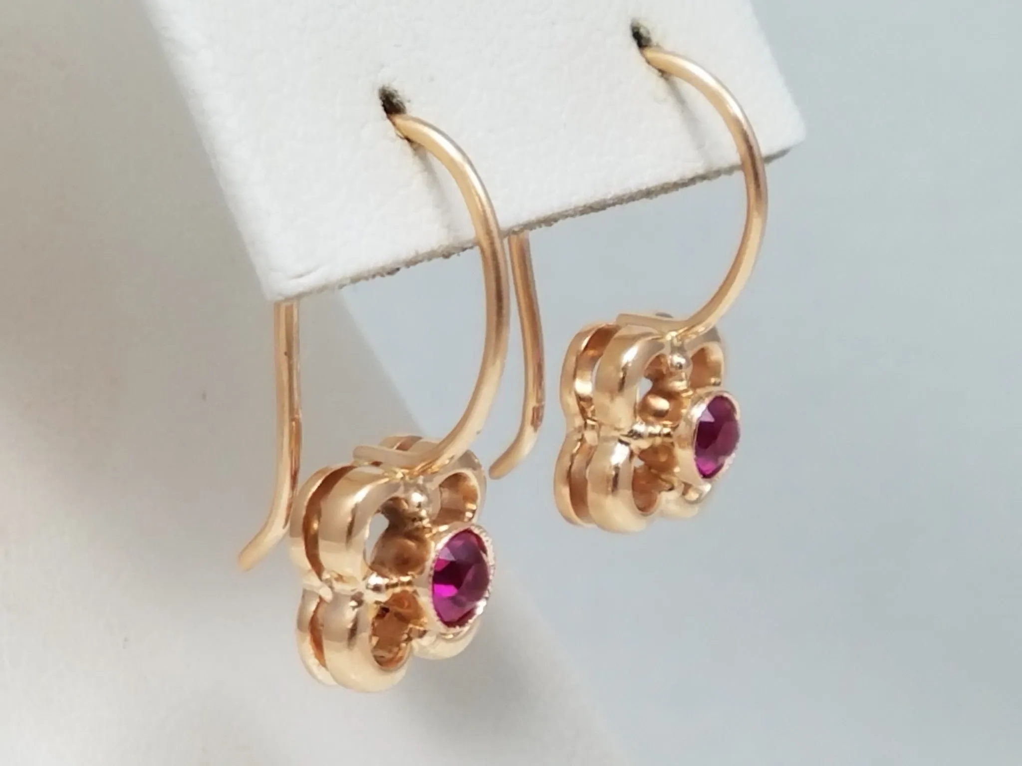 Dainty 14k Rose Gold Vintage Russian Synthetic Ruby Dangle Earrings