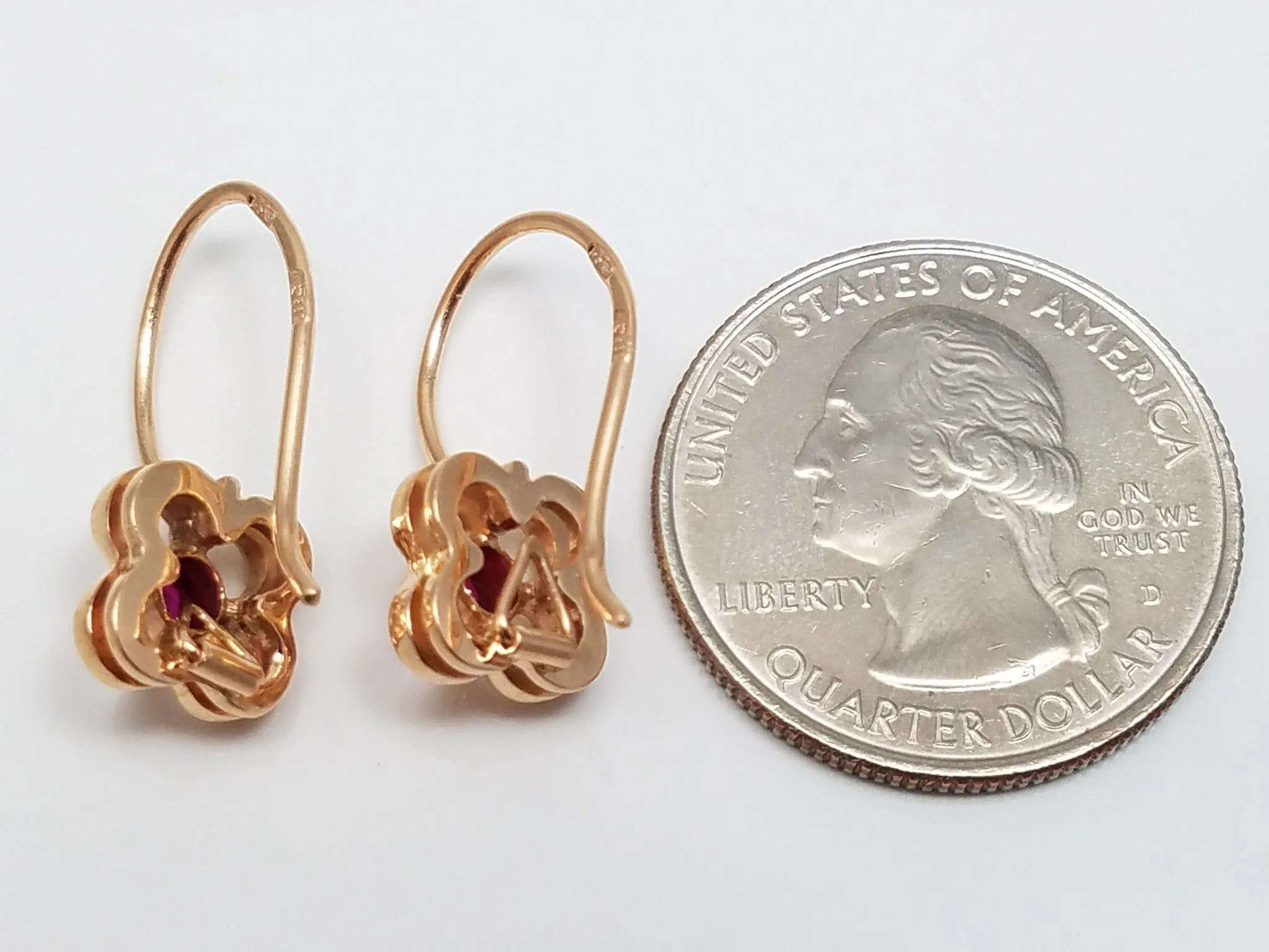 Dainty 14k Rose Gold Vintage Russian Synthetic Ruby Dangle Earrings