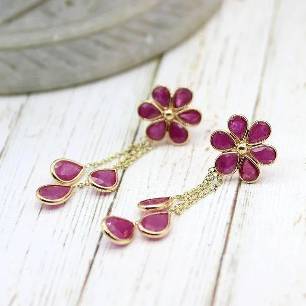 Dainty Natural Ruby Flower Earrings